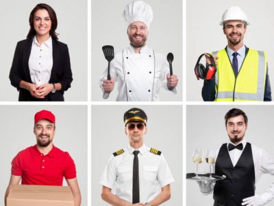 Collage of male and female employees of various professions looking at camera while working against gray background